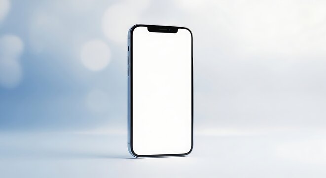 Sleek smartphone mockup with a blank white screen stands against soft blue bokeh.