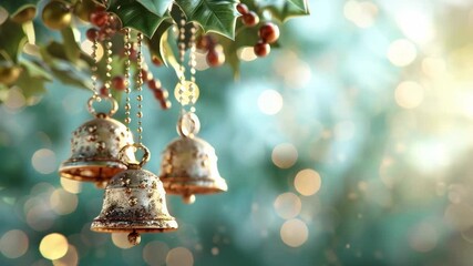 Beautifully arranged Christmas bells hang from vibrant holly leaves. The sparkling bokeh background creates a festive atmosphere, perfect for holiday celebrations. - Powered by Adobe