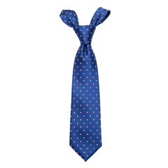 Royal blue necktie with red polka dots, knotted in a whimsical bunny-ear style