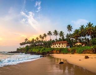 A captivating golden hour view of a Kerala beach skyline, showcasing traditional homes, lush palms, and a glowing sunset over the Arabian Sea. This peaceful coastal composition is perfect for Kerala t