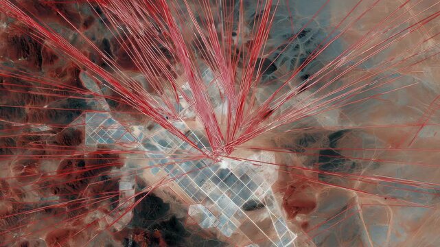 Red and brown image of a city with a grid pattern. The image is blurry and has a lot of red lines. satellite view of desert solar mega-array, overlay of capital inflow arrows, sustainable energy stock