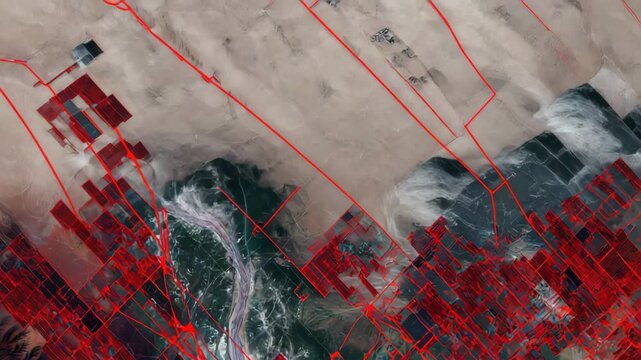 Satellite image of a desert area with red lines drawn on it. satellite view of desert solar mega-array, overlay of capital inflow arrows, sustainable energy stocks