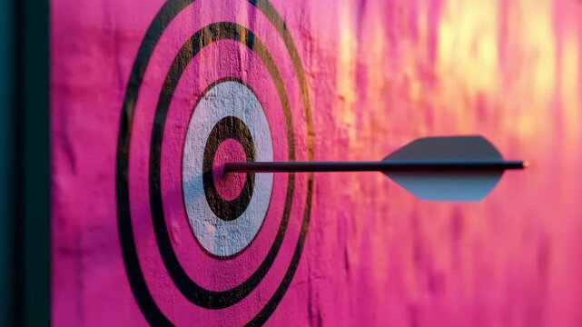 Arrow hitting bullseye on pink wall target with precision and focus, symbolizing success and goal achievement through perfect aim and accuracy in vibrant close up shot