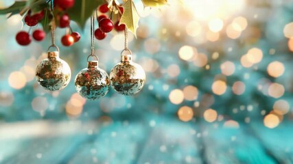 Discover the beauty of holiday spirit with this image of Christmas ornaments hanging from holly and berries, creating a joyful and festive atmosphere. - Powered by Adobe