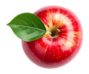 Top view of red apple with leaf isolated on transparent background
