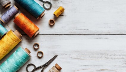 Colorful spools of thread and sewing tools on a white wooden background (1)
