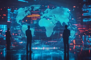 3D tech illustration of a data analytics tool with a globe illustration of the world and silhouettes of businessmen, Generative AI