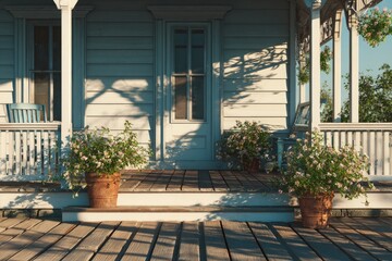 White house porch with potted flowers and shadows