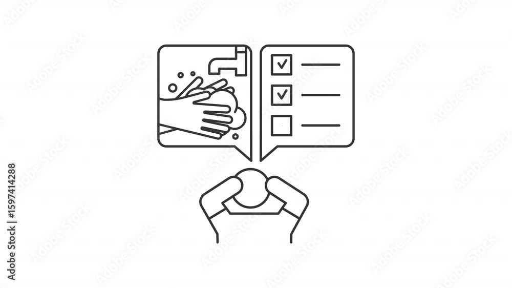 Poster obsessive compulsive disorder line animation. ocd animated icon. complete mark showing up. washing h