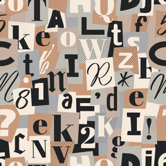 Blackmail note letters. Retro magazine collage vector alphabet seamless pattern