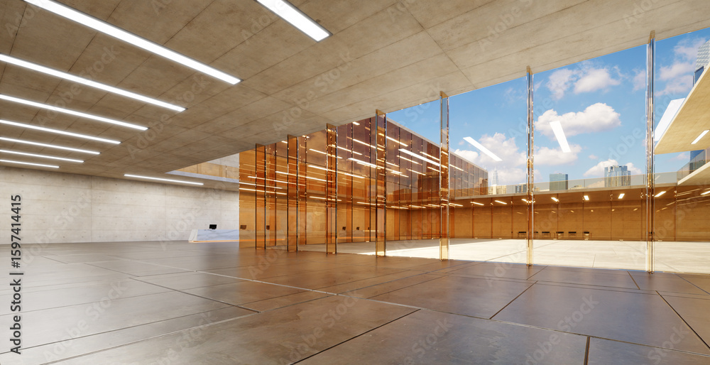 Poster 3d rendering modern empty building lobby opening into courtyard with city view