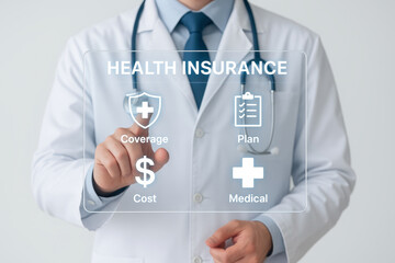 Health insurance plan offers medical coverage and protection with doctor providing service to ensure healthcare and insurance policy for better health