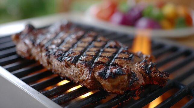 Perfectly grilled sirloin steak with char marks cooking on a barbecue grill with flames