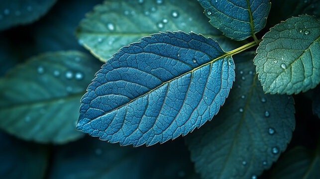 Blue leaves covered in raindrops.
Close-up of a vibrant blue leaf with water drops.