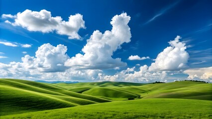 Rolling green hills under a bright blue sky with fluffy clouds