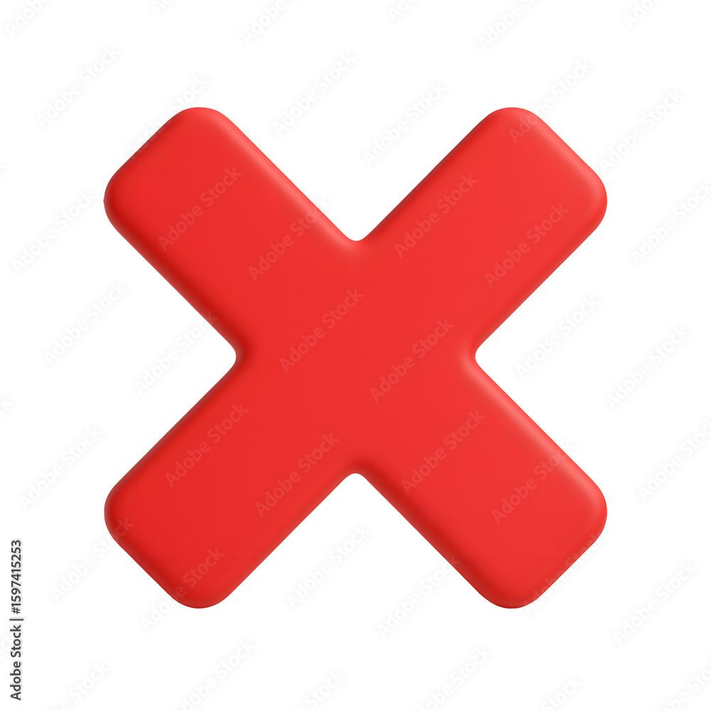 Poster 3d red cross icon with soft rounded edges and simple x shape, isolated on transparent background