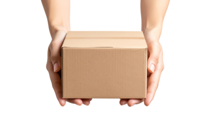 Woman hands with cardboard box isolated on transparent background