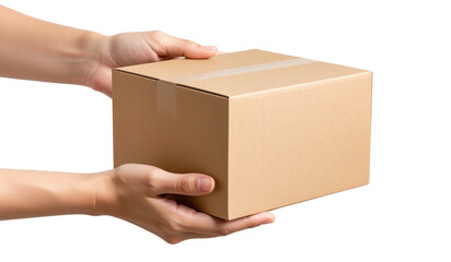 Woman hands with cardboard box isolated on transparent background