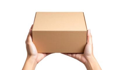 Woman hands with cardboard box isolated on transparent background