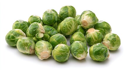 Fototapeta premium A pile of fresh green brussel sprouts on a white surface in a studio setting today