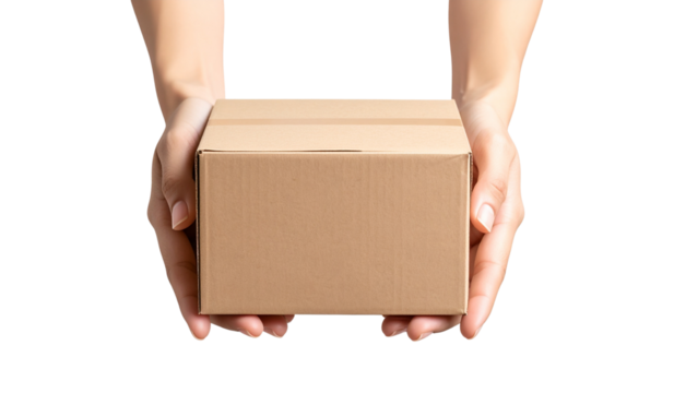 Woman hands with cardboard box isolated on transparent background