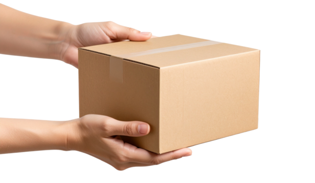 Woman hands with cardboard box isolated on transparent background