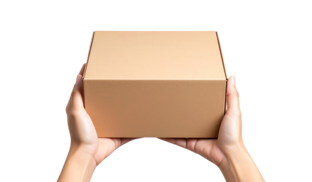Woman hands with cardboard box isolated on transparent background