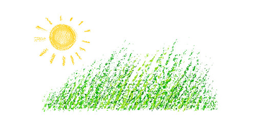 Grass chalk border, sun. Art crayon kids picture