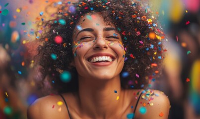 Candid smiling woman celebrating winning and achievement with a colorful confetti . Happy lesbian laughing at Pride parade. Copy space, Generative AI
