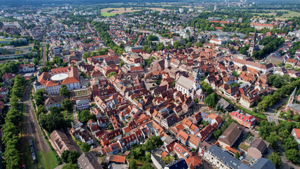 Aerial view around the old town in the city Ettlingen on an sunny spring day	