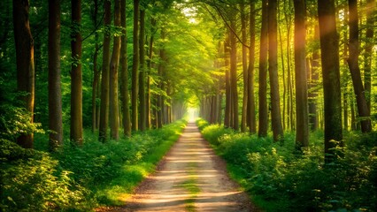 Obraz premium Sunlight streams through a forest path lined with trees