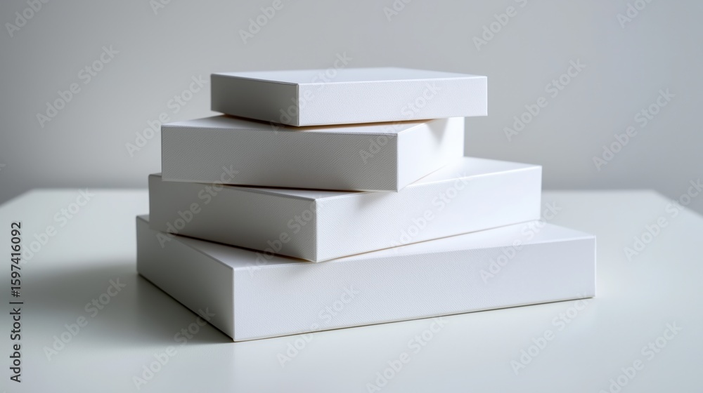 Poster a stack of white boxes on a table. the stack is four boxes high