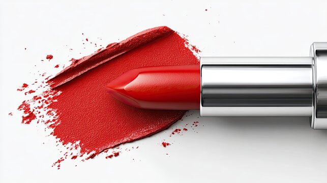 A close-up shot showcasing a vibrant red lipstick and its smeared application on a white surface.