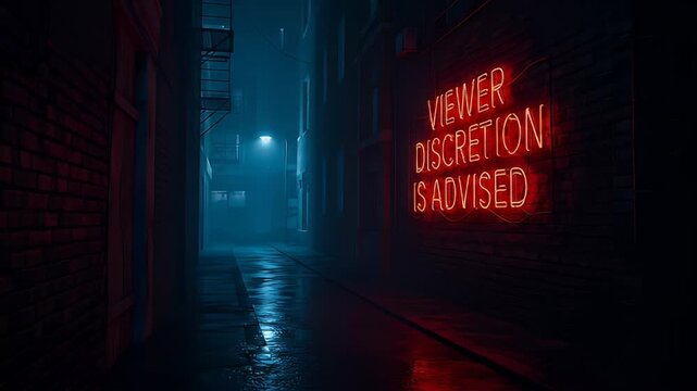 Viewer Discretion Advised in Dark Alley with Red Neon Glow
