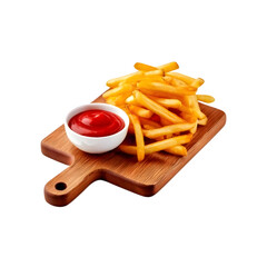 Wooden chopping board with french fry and tomato ketchup bowl on transparent background