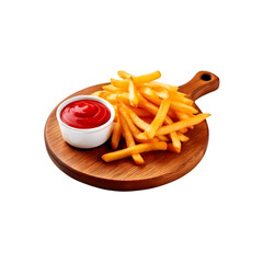 Wooden chopping board with french fry and tomato ketchup on transparent background