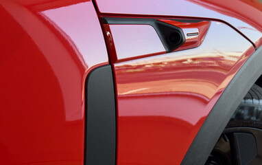 Rear view camera cover. Surround view 360 degrees camera. Parking assistant and car help systems. Modern car exterior details
