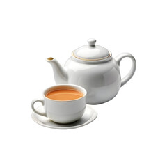Beautiful White ceramic teapot with milk tea cup on transparent background