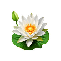 Beautiful White lotus flower with green leaf on transparent background