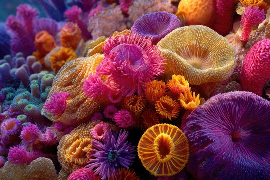 Vibrant coral reef close-up, profusion of colorful polyps and textures