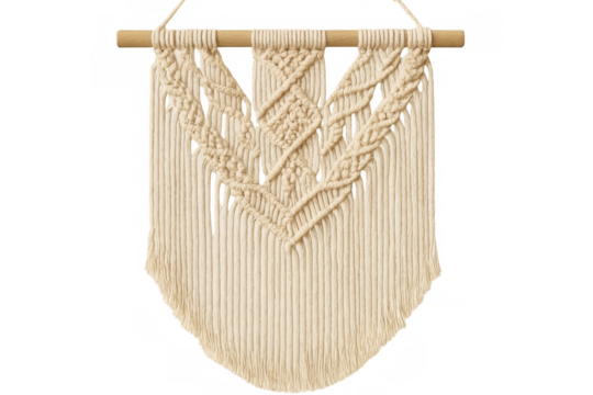 Macrame wall decor hanging from a wooden dowel, isolated on transparent background, adds a touch of bohemian style