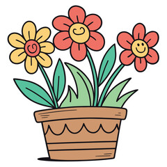 Joyful yellow and red flowers with cute smiley faces flourish in a brown pot