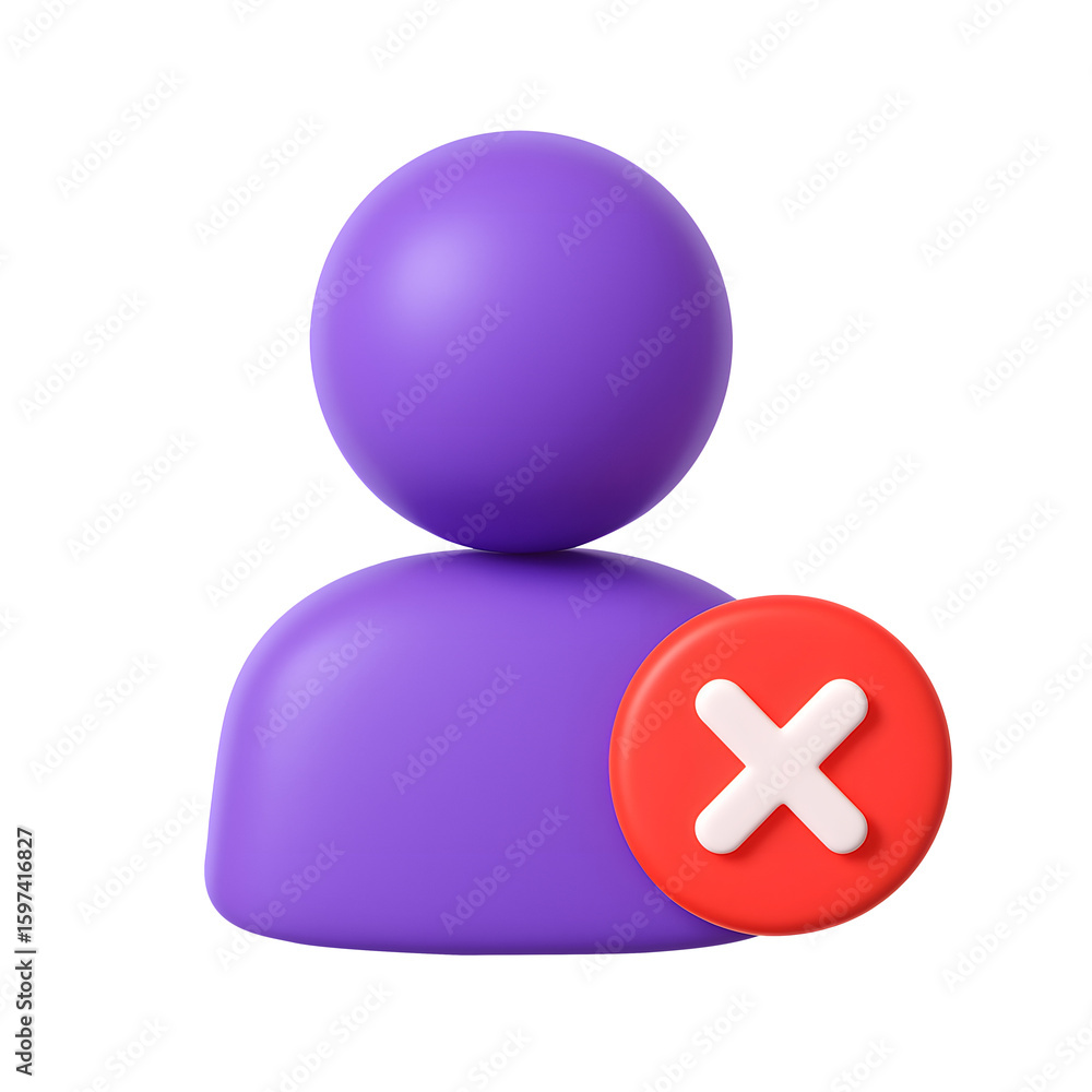 Poster 3d unverified user icon with purple person symbol and red cancel button, isolated on transparent bac