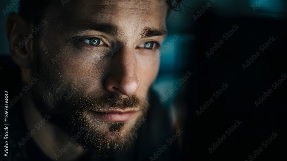 Poster close up of a focused man s face working on a computer monitor long title intense close up of a seri