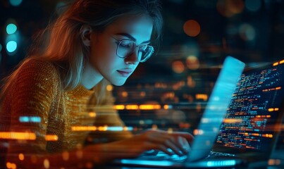 Candid young female investor analyzing stock market investments and data trends on a laptop while working from home, Generative AI