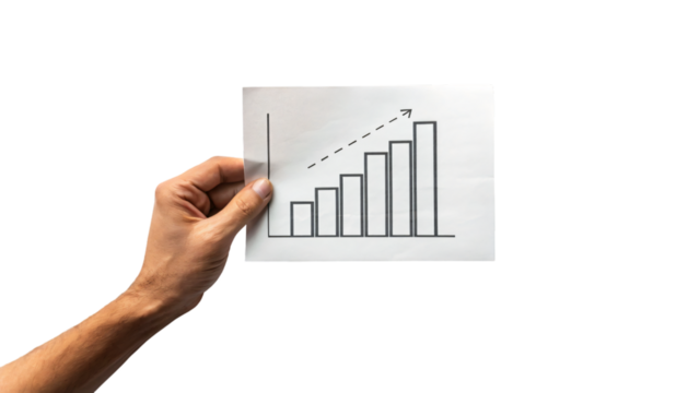 Hand holding a paper showing a financial growth chart with an arrow, symbolizing business success and market progress