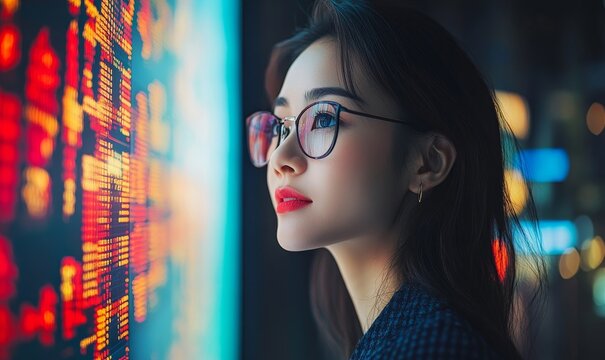 Candid Asian businesswoman analyzing stock market trends and data on a digital tech screen in the office. Happy female investor looking at stock data trends and graphs, Generative AI