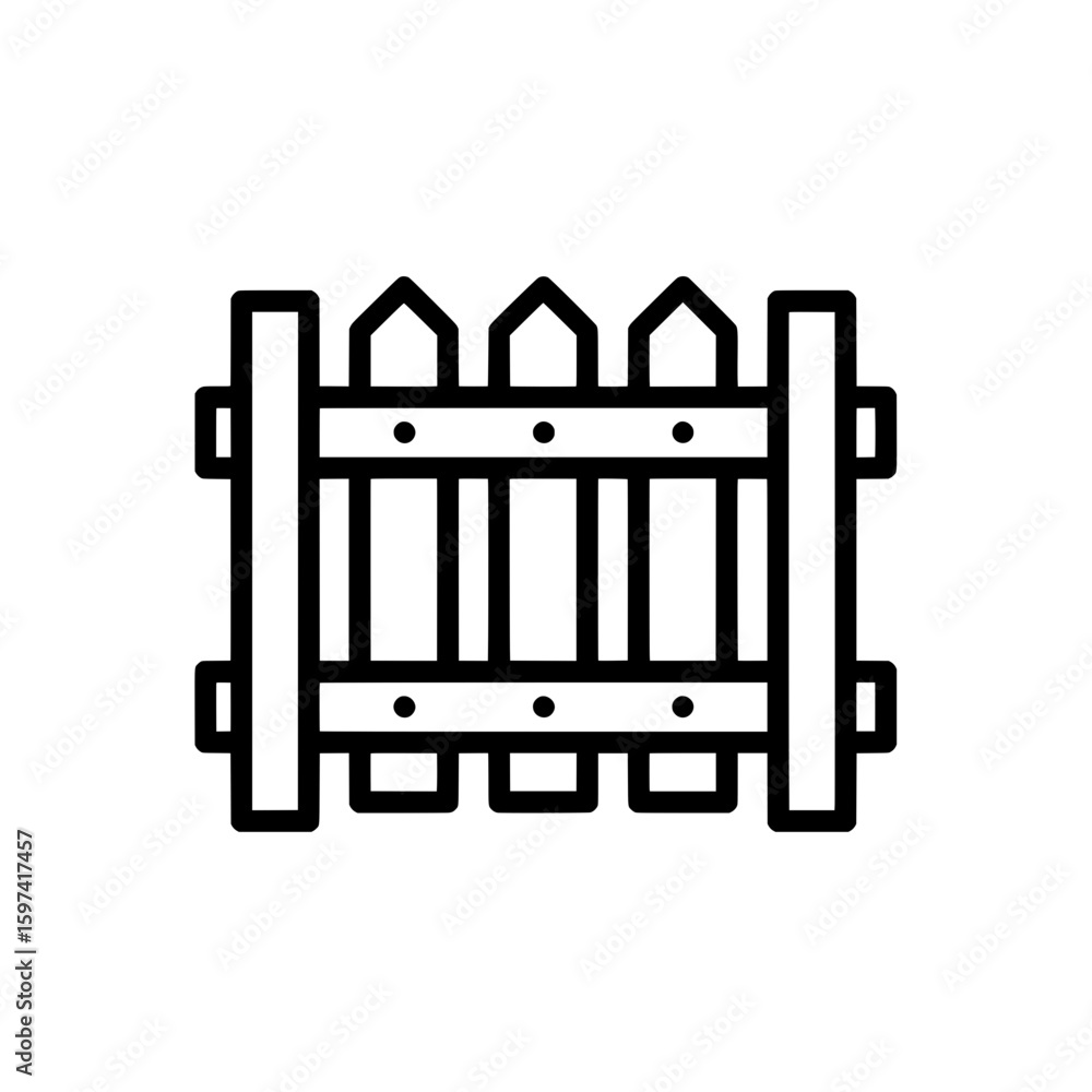 Poster fence with pointed pickets and horizontal support beams