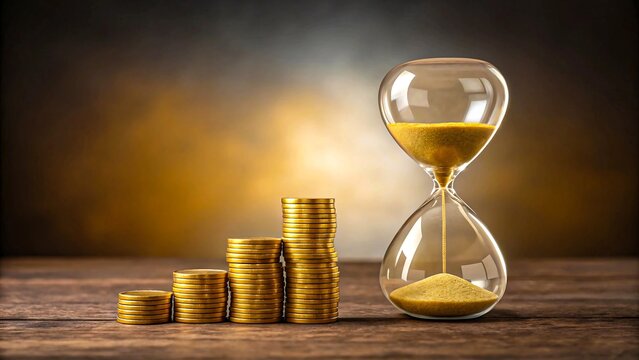 Stacked gold coins and hourglass on wooden surface representing time is money, financial growth, and investment planning
