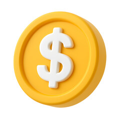 Obraz premium 3D yellow coin icon with white dollar currency symbol in minimal style, isolated on transparent background